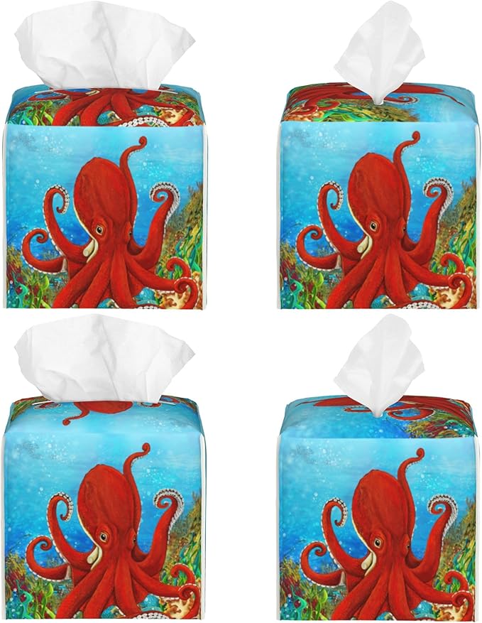 POIUBLE Tissue Box Holder Cartoon Octopus Tissue Box Cover Square Leather Tissue Holder Organizer Portable Decorative Facial Paper Case for Home Office Bathroom Vanity Countertop