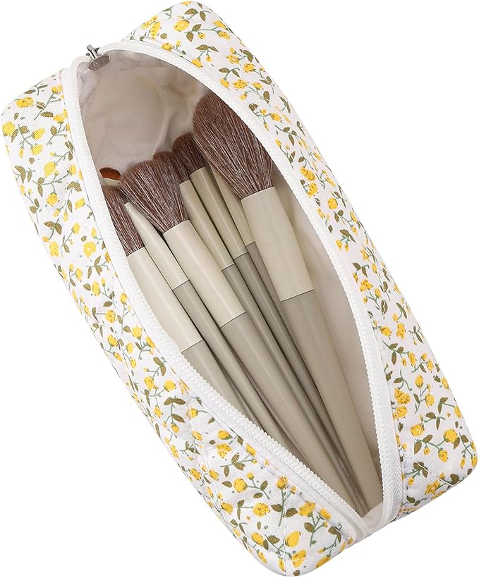 WHHJM Cute Floral Makeup Brush Bag Small Cotton Quilted Cosmetic Bag for Women Travel Toiletry Zipper Make Up Pouch (Yellow Floral)
