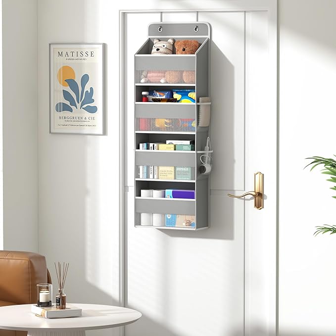 Kaitiemoo 1 Pack 4-Tier Over the Door Organizer, Heavy-Duty Large Deep Pocket Hanging With 4 Large Front & 4 Side Pockets With for Pantry, Kitchen, Bathroom, Dorm, Grey
