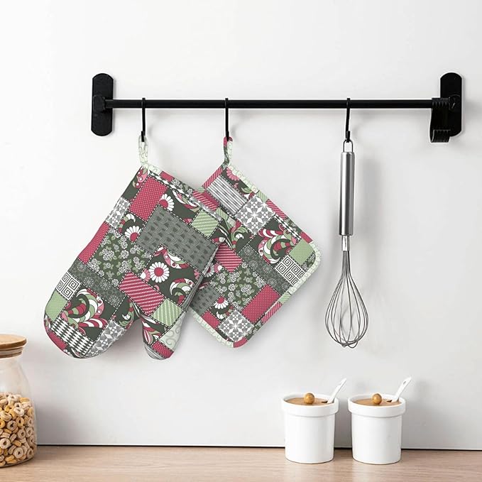 Silicone Oven Mitts and Pot Holders Sets, Home Floral Heat Resistant BBQ Gloves for Kitchen Baking Cooking Grilling Microwave