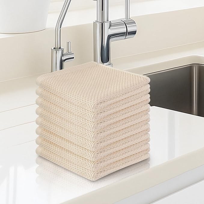 FreeNook 100% Cotton Waffle Weave Kitchen Towels, 8 Pack Dish Cloths for Washing Dishes, Ultra Soft Absorbent Dish Towels, Quick Drying Kitchen Rags, 12x12 Inches, Beige
