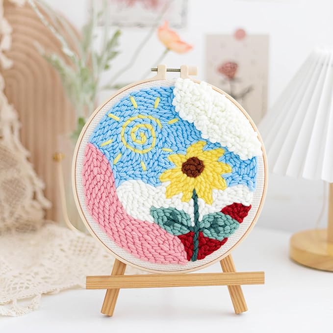Woohome Punch Needle Kit Included Plastic Hoops, Punch Needle Cloth, Color Yarn and Punch Needle Tools for Adults, Beginners (Moon and Sunflower)