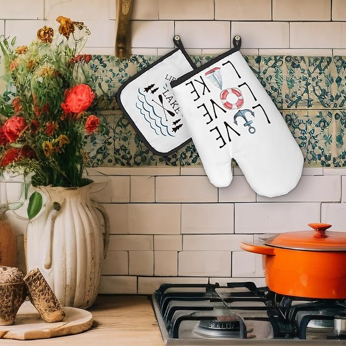 Lake Lovers Gifts Oven Mitts and Pot Holders Sets, Lake House Gifts Kitchen Accessories Sets, Lake House Decor,Life is Better at The Lake Heat Resistant Oven Glove Potholders for Kitchen Baking