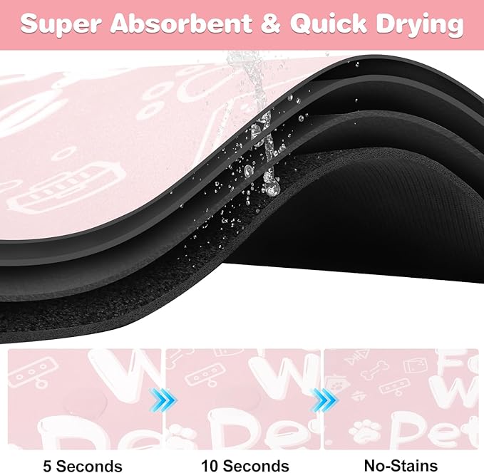 Pet Feeding Mat,Dog Cat Mat for Food and Water,Dog Bowl Waterproof Placemat with Rubber Backing,Absorbent Quick Dry Water Dispenser Mat for Pet（Pink 16"×24"）