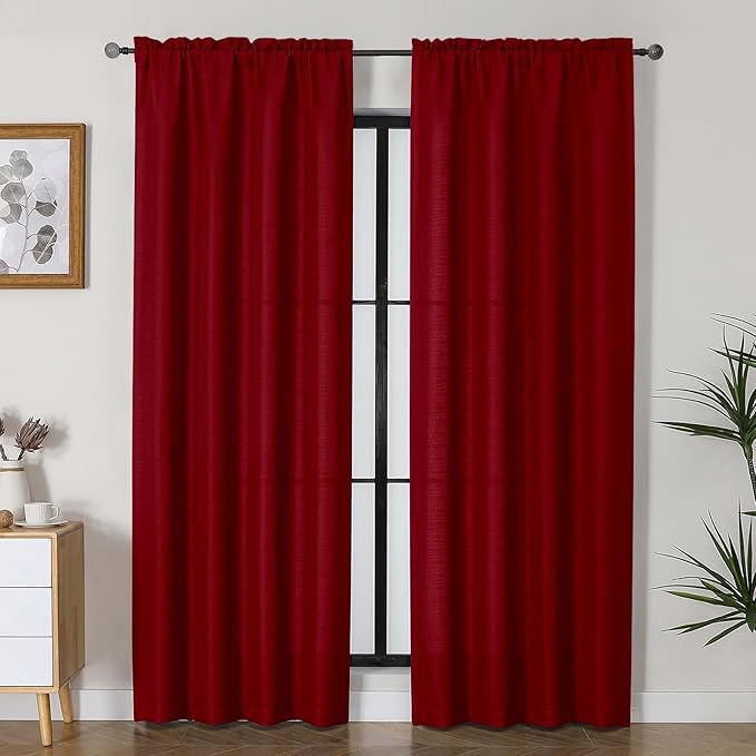Lecloud Bessie Red Christmas Curtains 84 Inches Long 2 Panels, Privacy Faux Linen Breathable Light Filtering Curtain, Rustic Dual Rod Pocket Window Drapes for Bedroom Livingroom, Each 40" W x 84" L