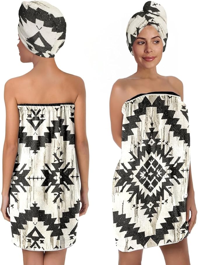 YWZDS Navajo Spa Wrap Bath Towel Set with Hair Turban, Aztec Geometric Absorbent Quick-Dry, Spa Towel Wrap, Towel Robe for Women