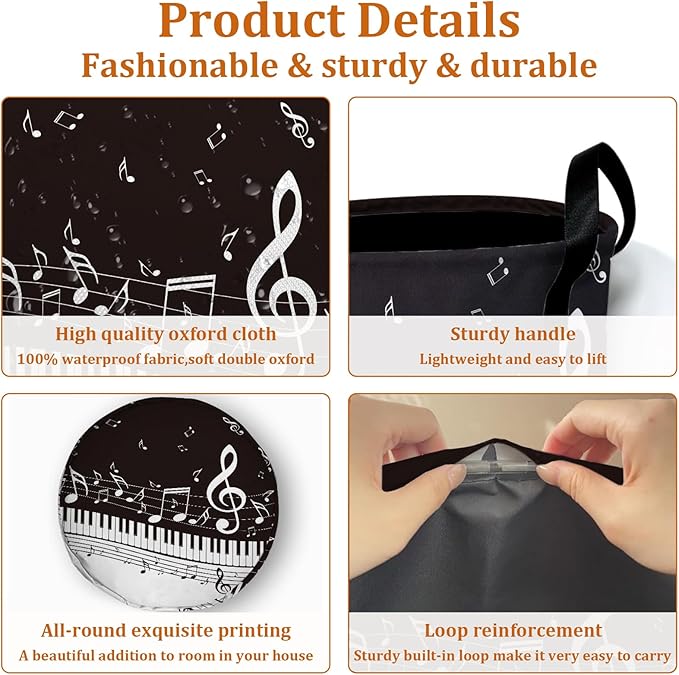 Piano Music Note Laundry Basket with Sturdy Handles, Collapsible Oxford Cloth Laundry Hamper Organizer Basket for Bathroom Bedroom 15.7x20 Inch