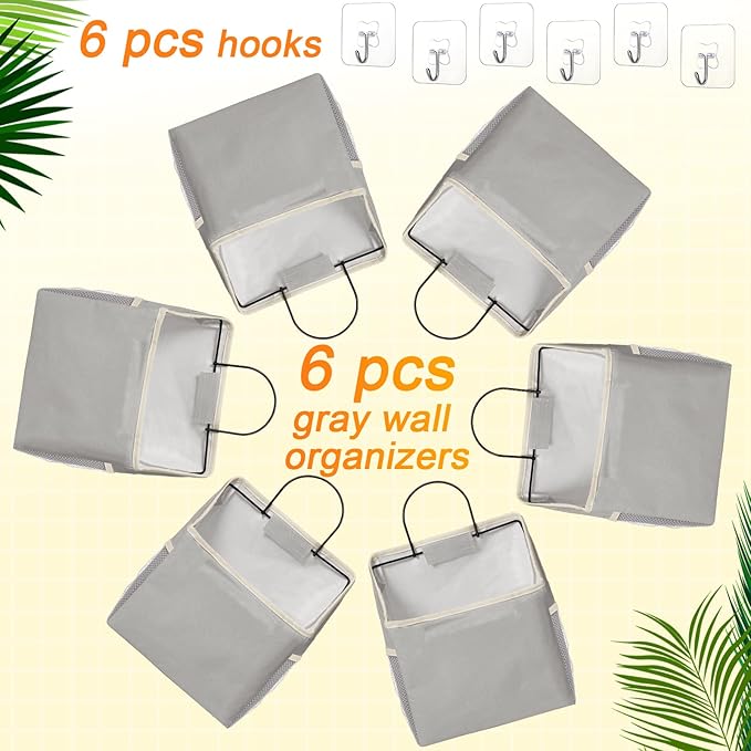 Chumia 6 Pack Wall Hanging Storage Basket Bathroom Closet Hanging Storage Bag over the Door Organizer Basket Bedroom Wall Organizer Waterproof Linen Cotton Box Containers and 10 Hooks(Grey)