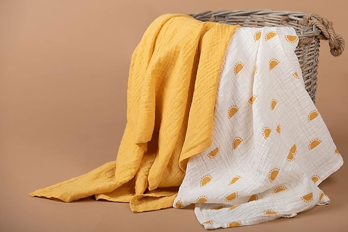 Sticky Toffee Muslin Swaddle Baby Blanket, Yellow Suns, 47 x 47 in, Soft Breathable Oeko-Tex Cotton Newborn Wrap and Receiving Blanket
