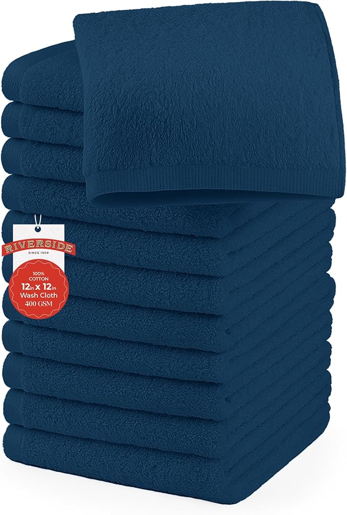 RIVERSIDE 12 Pack Washcloths - 12x12 Inches, 500 GSM, 100% Ring-Spun Cotton - Soft, Absorbent & Durable Face and Body Towels - for Bathroom, Spa, Gym, Makeup Removal & Everyday Use - Blue Opal