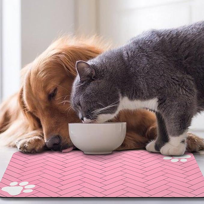 Dog Food Mats,Cat Absorbent Water Bowl Feeding Mats Pet Placemats for Food and Water Pink Wood 16 * 24 inch