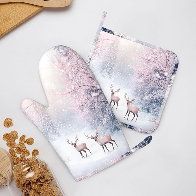 Oven Mitts Pot Holders Set Winter Deer Forest Christmas Silicone Kitchen Gloves Potholders Heat Resistant for Chef Baking Cooking Grilling BBQ 4 Pack Mitt
