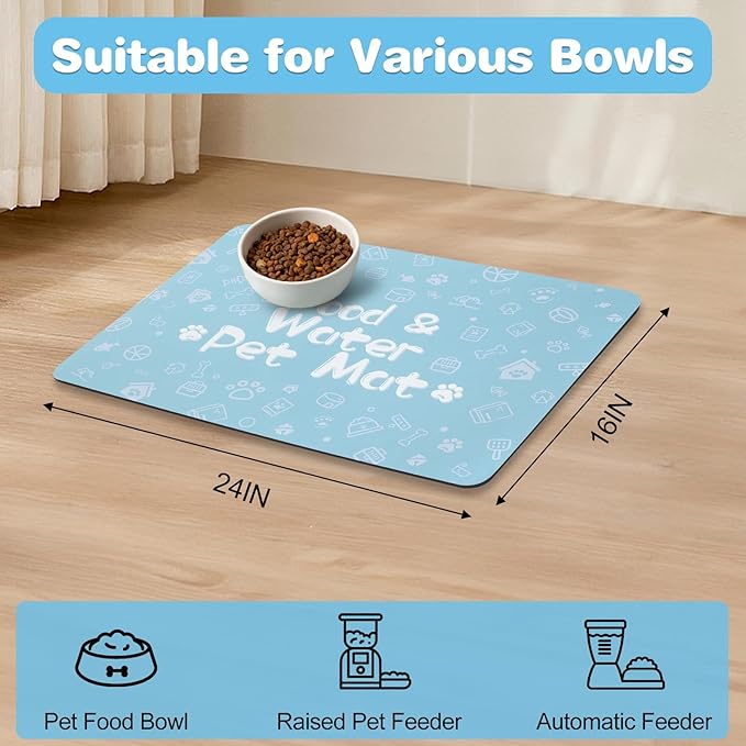 Pet Feeding Mat,Dog Cat Mat for Food and Water,Dog Bowl Waterproof Placemat with Rubber Backing,Absorbent Quick Dry Water Dispenser Mat for Pet（Blue 16"×24"）
