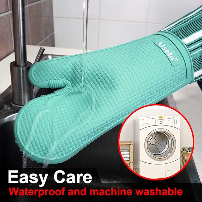 Silicone Oven Mitts Heat Resistant 550 Degree Extra Long Kitchen Gloves Pot Holders with Waterproof and Non-Silp for Baking Cooking Barbecue Microwave Machine Washable (Extra Long Blue, 2)