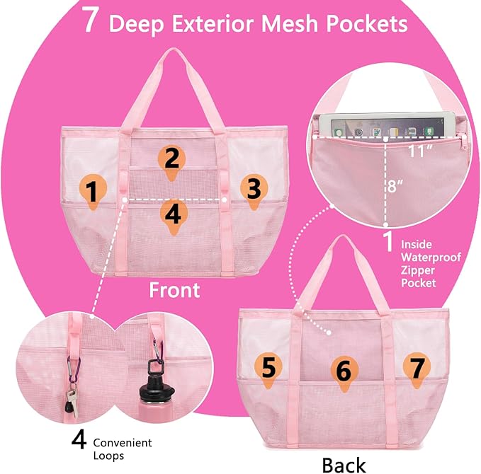 Fammart Mesh Beach Bag, Large Beach Tote Bags with Zipper, Toys Pool Bag for Family Travel Vacation Cruise Essentials
