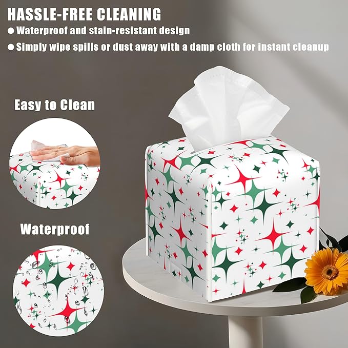BLYKVGHQ Square Tissue Box Cover Retro Christmas Stars Tissue Box Holder Facial Cube Paper Dispenser Leather Decorative Organizer Home Office Desk Decor, 5.2"x5.2"x5.2"