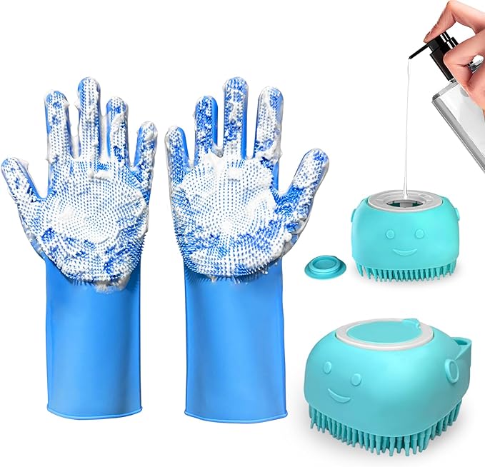 IDQQUQQ 2PCS Dog Washing Gloves and Dog Shampoo Brush, Dog Bath Supplies Dog and Cat Bath Set