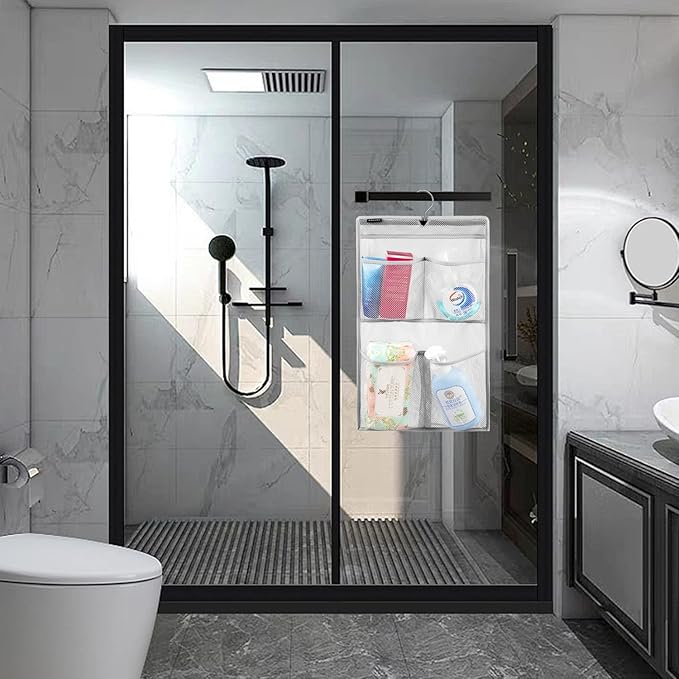ANZORG Mesh Shower Organizer Hanging Caddy Quick Dry Bathroom Storage for Toiletry Accessories with Rotating Hanger (4 Pockets)