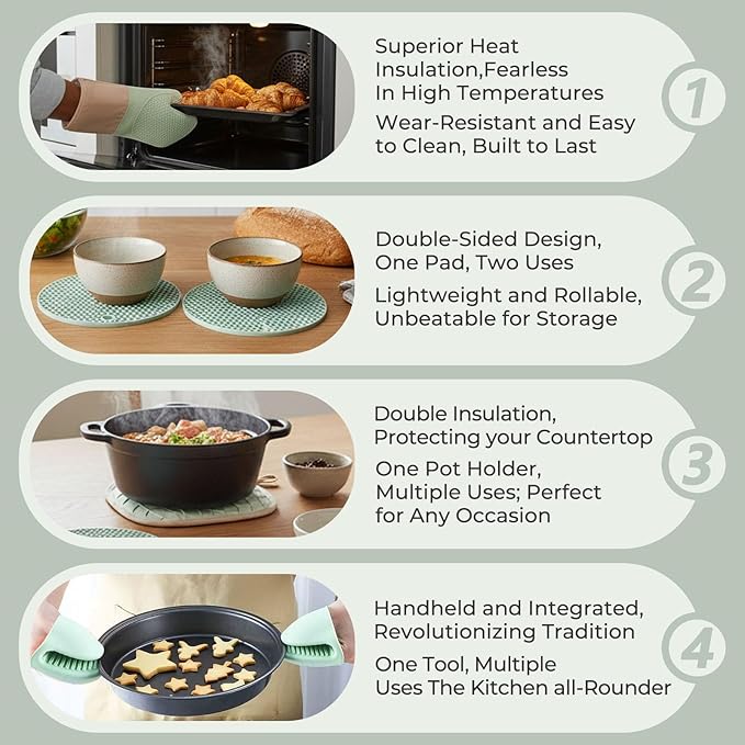 8-Piece Silicone Oven Mitts Set,Heat Resistant Kitchen Gloves with Soft Cotton Lining, Pot Holders,Silicone Trivet Mats,& Mini Mitts for Cooking,Baking,BBQ(Light Green)