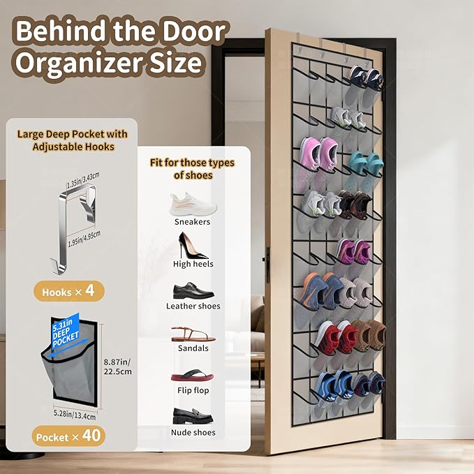 Gisiyunly Over the Door Shoe Organizer with 40 Large Pockets, Multi-Purpose Storage for Shoe and Accessories, Durable Fabric with Adjustable Hooks for Home Closet Bedroom Entryway-Grey