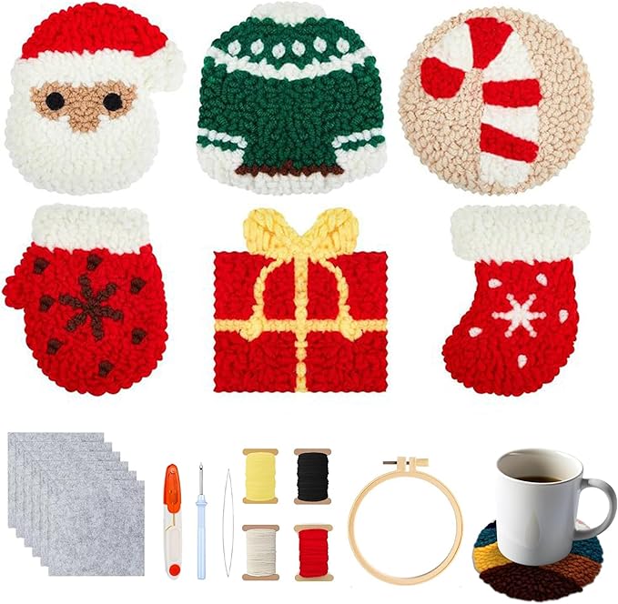 yesJRL Punch Needle Coasters Kit, Set of 6 Starter Needle Embroidery DIY Set for Beginners Adults, Easy Coasters Kit with Adhesive Felt, Yarns, Embroidery Hoop (Red Christmas)
