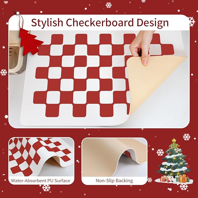 Red Dish Drying Mat Hide Stain Coffee Bar Mat Fast Dry Modern Checkered Kitchen Accessories Non Slip Mat, New Year Gift for Family Friends Home Decor,Red Checkered