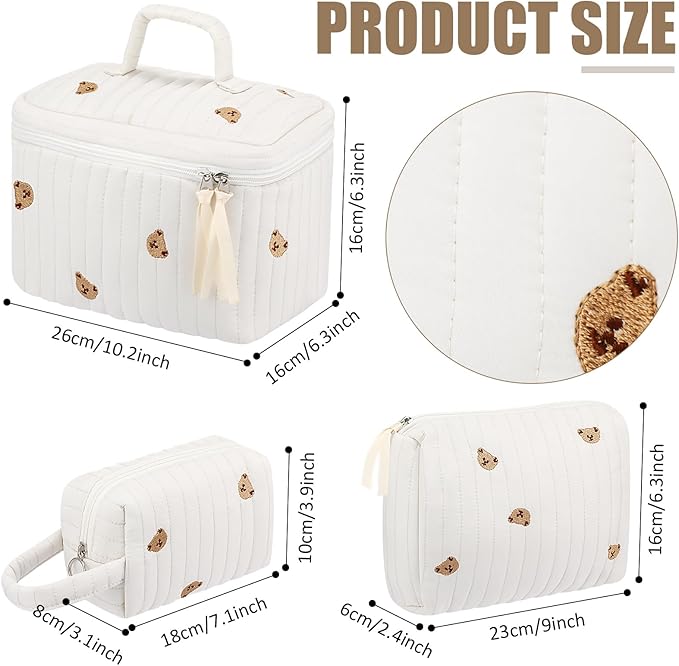 Paterr Makeup Bag Set 3 Pcs Large Quilted Cotton Make up Bags for Women Cosmetic Travel Toiletry Organizer Pouch Cute Aesthetic Storage Purse(White,Little Bear)
