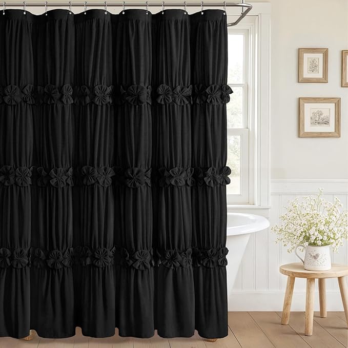 XOGUIBO Ruffle Shower Curtain with Handmade Bow Tie, Black Linen Vintage Farmhouse Shower Curtain for Bathroom, 72" W x 72" H