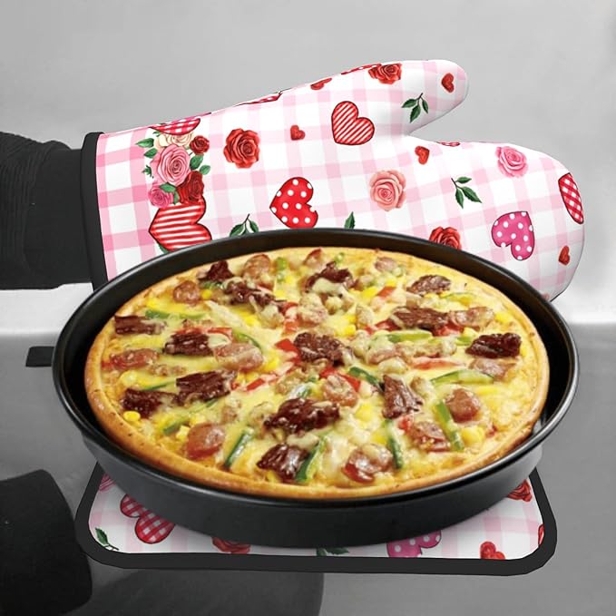 Mother’s Day Rose Flowers Kitchen Gloves Hot Pads Sets 2Pcs，Red Love Hearts Stripe Buffalo Plaid Heat Resistant Oven Gloves Pot Holders for Chef Cooking Baking Kitchen Decoration