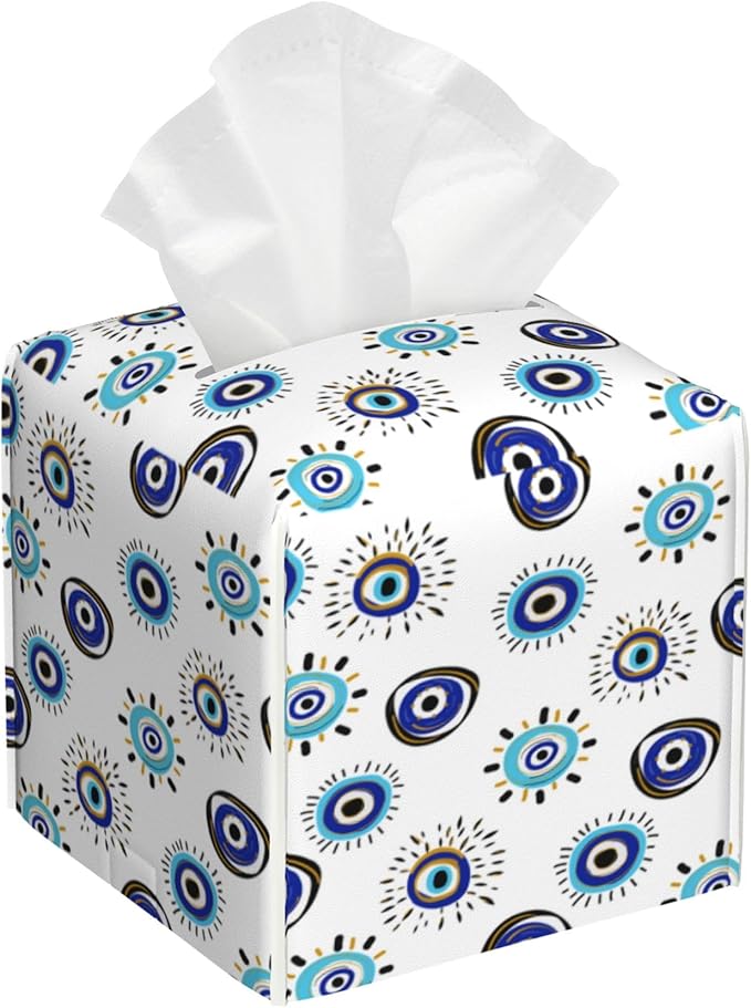 POIUBLE Evil Eye Tissue Box Cover Leather Tissue Box Holder Square Facial Paper Organizer Dispenser for Bathroom Kitchen Bedroom Vanity Countertop Night Stands