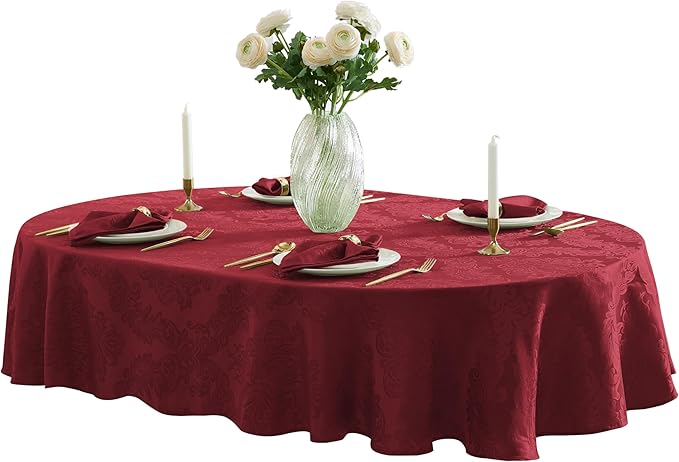 Newbridge Barcelona Damask Fabric Tablecloth, 60 x 84 Inch Oval, Burgundy – No Iron, Soil Resistant Table Cover for Dining, Parties and Holidays