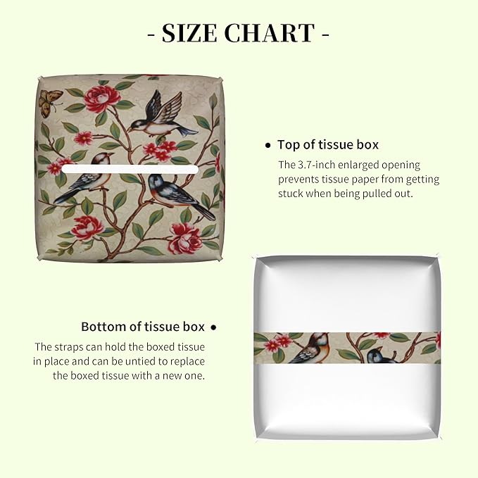 Pink Floral Butterfly and Bird Tissue Box Cover Square Leather Tissue Holder Waterproof Facial Paper Organizer Dispenser Cube Paper Cover Case for Home Office Bathroom Vanity Countertop