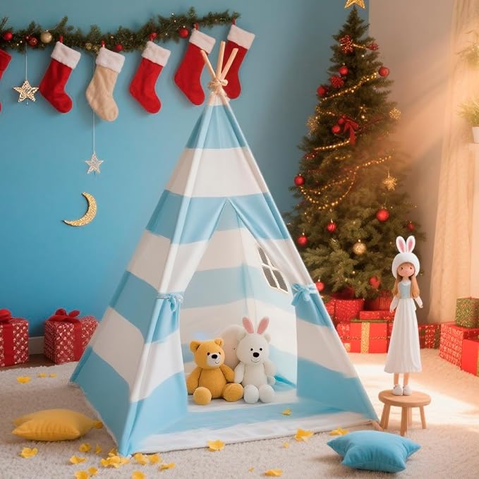 xiaowantong Teepee Tent for Kids with Padded Mat, Lights, and Carry Bag, Washable Playhouse for Indoor Use, Ideal Play Tent for Girls and Boys,Stripe Blue