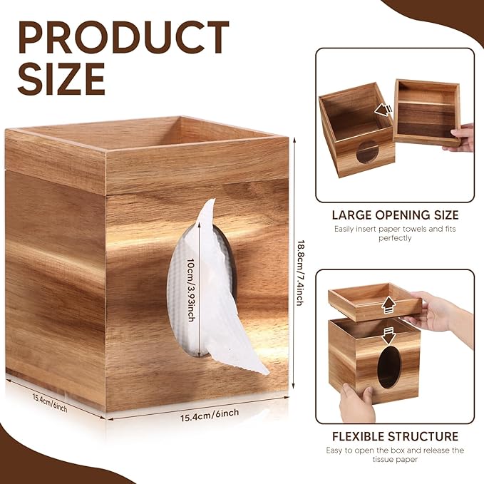 Tissue Box Cover, Wood Tissue Box Cover with Storage Tray Square Tissue Box Covers Holder for Bathroom, Bedroom, Dinner Table, Office, Tabletop 6" x 6" x 7.4"