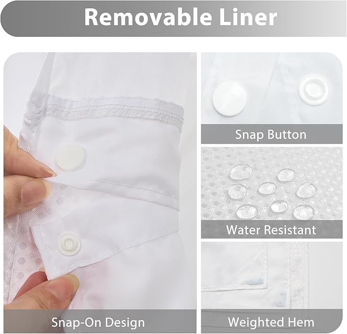 GICDSU No Hook Shower Curtain with Snap in Liner, Waffle Shower Curtain Set for Bathroom, Hotel Style with Semi-Sheer Top Window, Waterproof & Washable, White, 71" W x 86" L