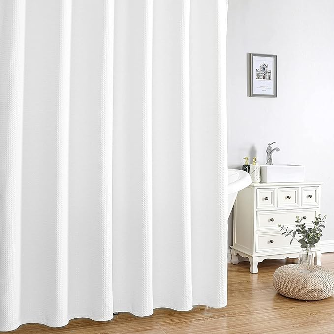 MISS SELECTEX Waterproof Bathroom Shower Curtain, White Waffle Hotel Shower Curtain 230 GSM Heavy Duty,Thick Shower Curtain for Bath Tubs 108Wx72H for Decorative Bathroom Curtains