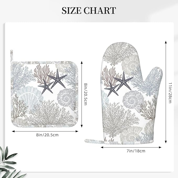 Nautical Coastal Oven Mitts and Pot Holders Set, 4pcs Silicone Starfish Seashell Coral Beach Themed Oven Glove for Kitchen Heat Resistant Oven Mitts and Non-Slip Potholders Blue Grey