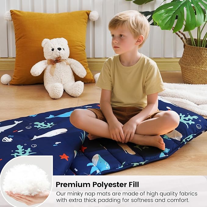 david's kids Toddler Nap Mat Set with Removable Pillow, Ultra Soft Slumber Bags for Boys，Perfect for Preschool, Daycare, Kids Sleeping Bags with Rollup Design, 50"x20", Ocean Animals Dark Blue