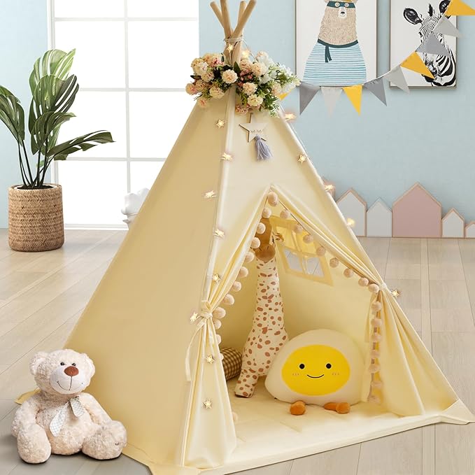 WIRHAO Teepee Tent for Kids with Padded Mat Cotton Canvas Kids Teepee with Pompom for Toddlers Indoor Play Tent for Girls Boys with Stars Lights, Carry Bag, Banner Flag (Cream)
