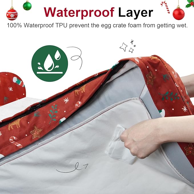 Large Dog Bed Orthopedic Washable: Christmas Pattern Big Dogs Beds with Bolster Puppy Sofa Couch Waterproof Removable Cover - Red