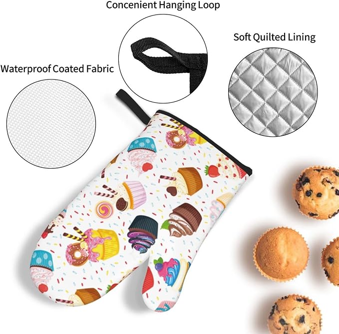 Cupcake Yummy Dessert Oven Mitts and Pot Holders Set of 4, Oven Mittens and Potholders Heat Resistant Gloves for Kitchen Cooking Baking Grilling BBQ