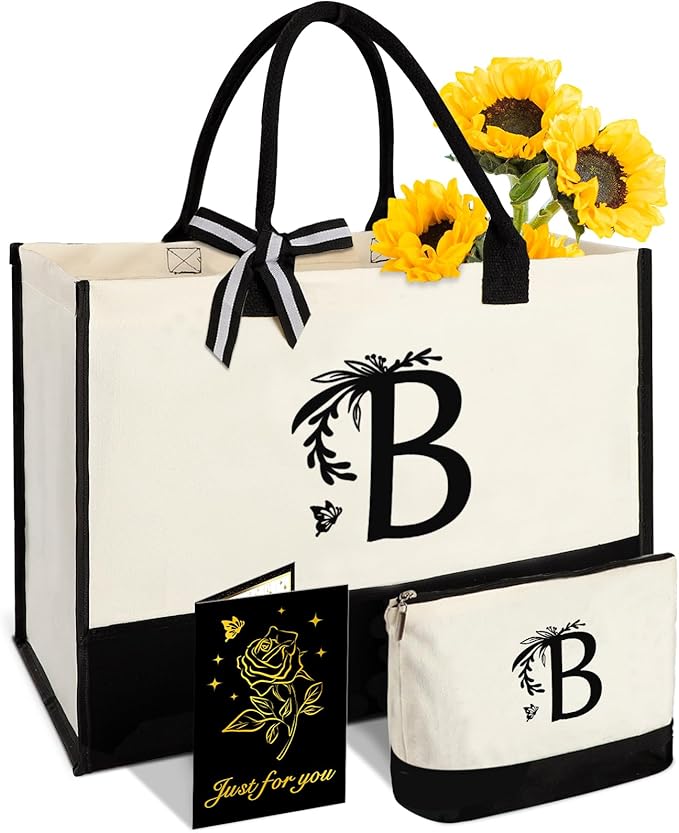 Personalized Gifts for Women - Initial Canvas Tote Bag & Makeup Bag, Custom Bags for Beach, Christmas, Wedding, Birthday, Holiday, Monogram Birthday Gifts for Women, Mom, Wife, Teacher, Friend - B