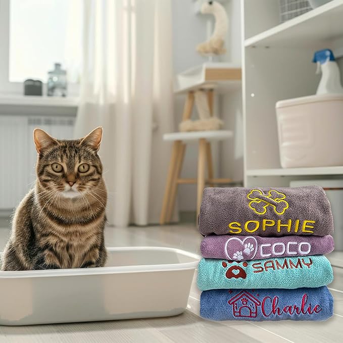 xrlsg Personalized Cat Towel Custom Towel for Cat Bath Supplies with Embroidered Pattern Name Super Absorbent Towels for Pet Bath 20 in x 40 in Brown
