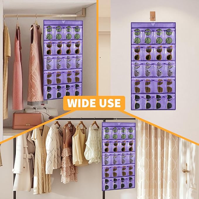 TEMUORG 2 Pcs Sunglasses Organizer Storage Sunglass Holder for Wall Hanging Eyeglass Organizer for Multiple Glasses with 40 Clear Slots (PURPLE)