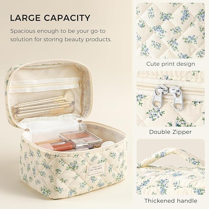 HBselect Christmas Gifts Large Quilted Makeup Bag, Cute Cotton Travel Makeup Bag with Handle, Portable Coquette Floral Make up Bags, Toiletry Organizer Make up Bags for Women Teen Girls Mom