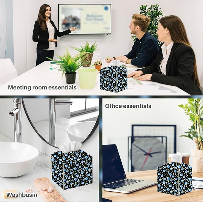 Tissue Box Cover, Tissue Box Holder, Square with Belt Bottom, PU Leather Decorative Organizer for Desk, Tabletop, Countertop Bathroom, Toilet Car, Office, Dresser Bedside, Aesthetic Blue Flower Decor