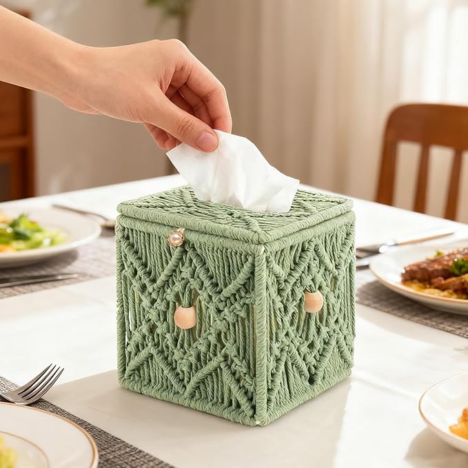 KaloKalo Handmade Tissue Box Cover Decorative Macrame Boho Square Tissue Holder Cotton Rope Woven Napkin Facial Paper Organizer Bohemian Desk Storage Container with Buckle Wood Beads (Light Green)