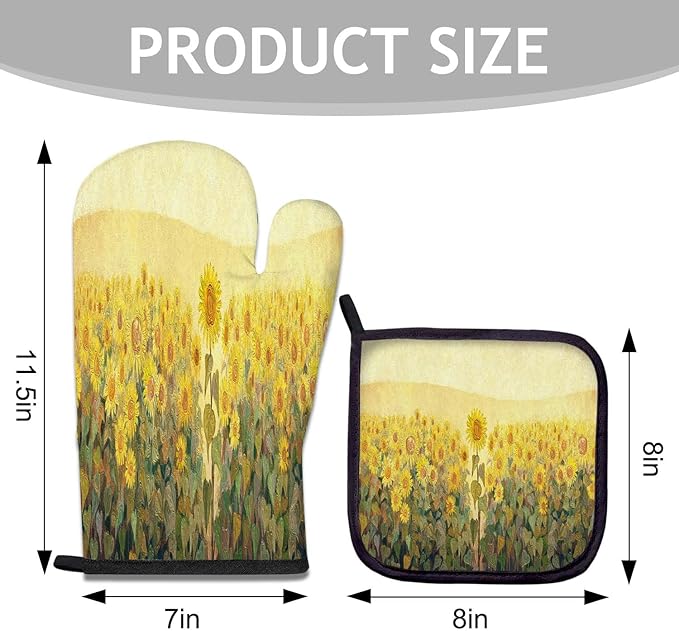 Sunflowers Oven Mitts and Pot Holders Set, Abstract Country Style Heat Resistant Oven Gloves - Comfortable and Easy to Clean - Perfect Kitchen Accessories for Durability and Style