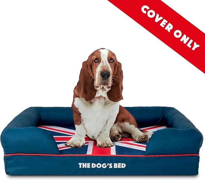 The Dog's Bed Replacement Outer Cover ONLY (NO Bed, NO Waterproof Inner) for The Dog's Bed, Washable Oxford Fabric, Large (Blue with Red Piping UK Flag Embroidery & Centre Flag) Veterinary Approved