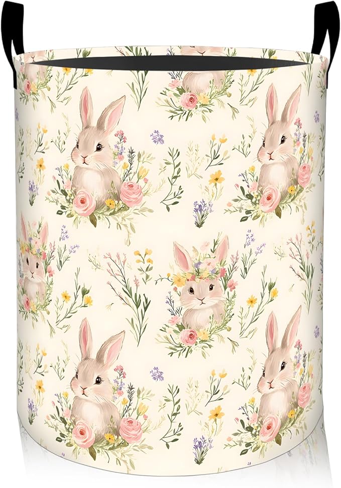 ainori Rabbit Floral Laundry Basket, Oxford Cloth Romantic Pastel Dirty Clothes Collapsible Hamper for Room Decor, Bunny and Flower Print Gifts Toy Organizer 19.7*15.8 Inch for Bedroom Bathroom Dorm